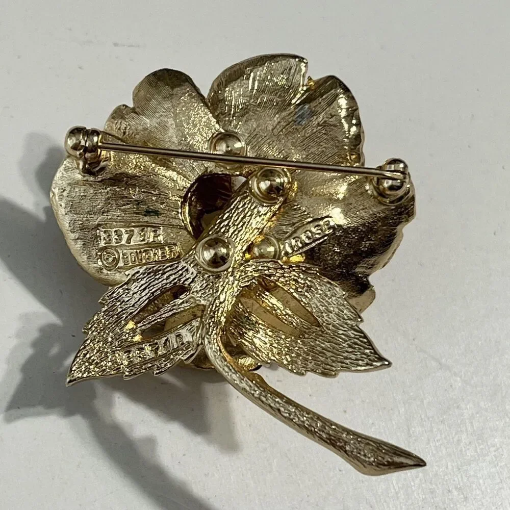 Vintage Marcel Boucher Rose Flower Brooch Gold Tone Pearl Pin Floral Italy